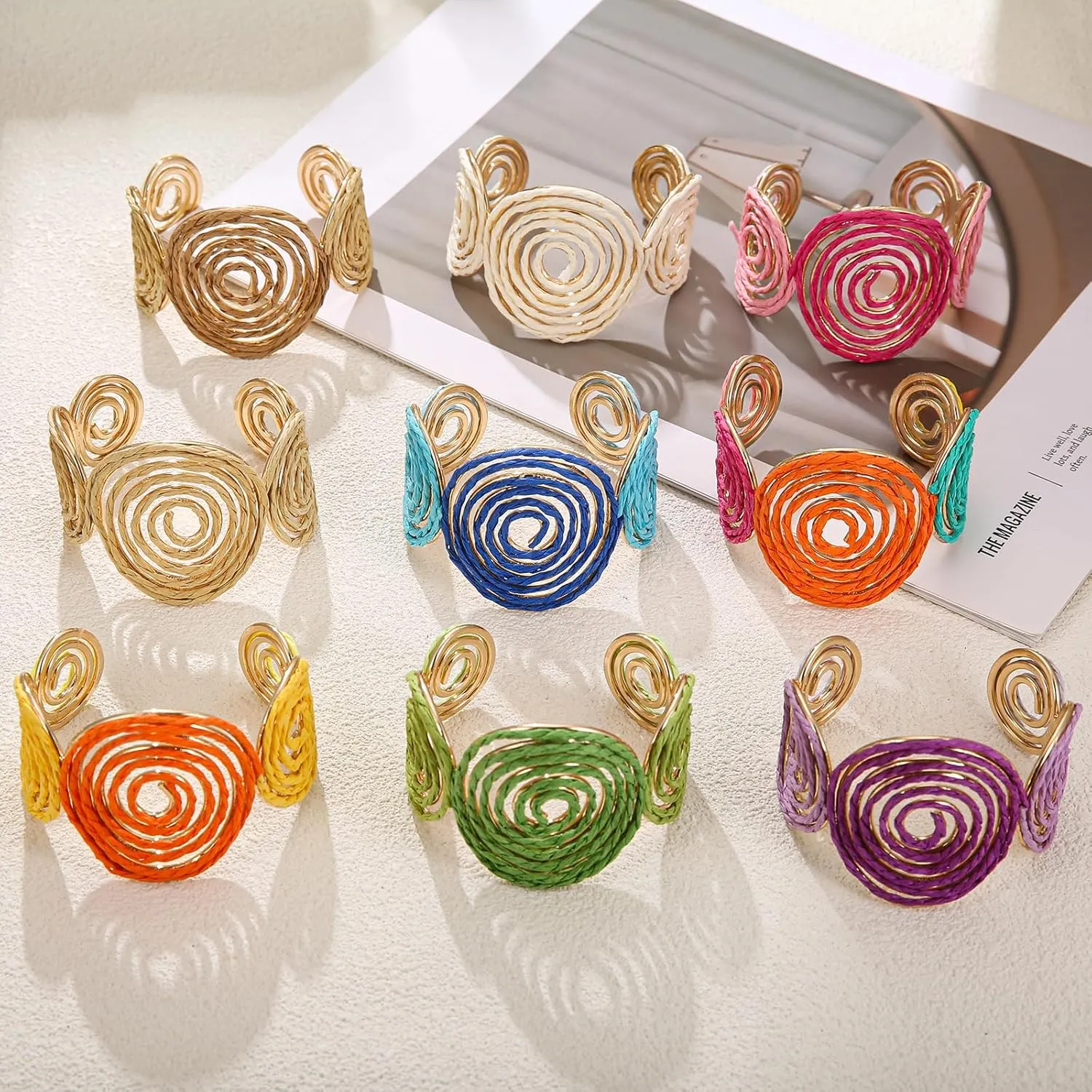 Raffia Spiral Cuff Bracelet for Women, Colorful Swirl Bangle Chunky Bangle Handmade Rattan Statement Bracelet