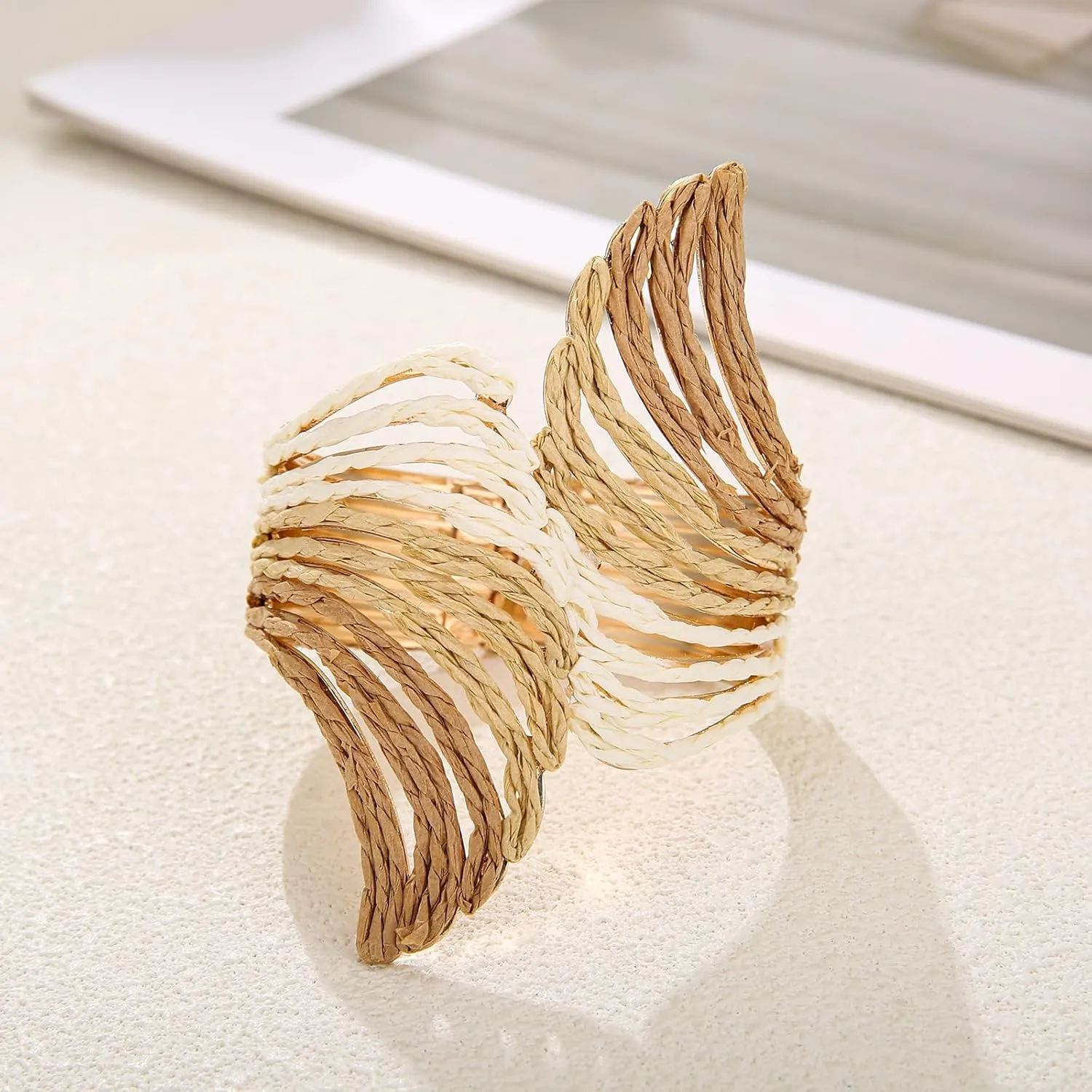 Raffia Wing Cuff Bracelet for Women, Colorful Angel Wing Bangle Wide Chunky Wrist Cuff Bracelet