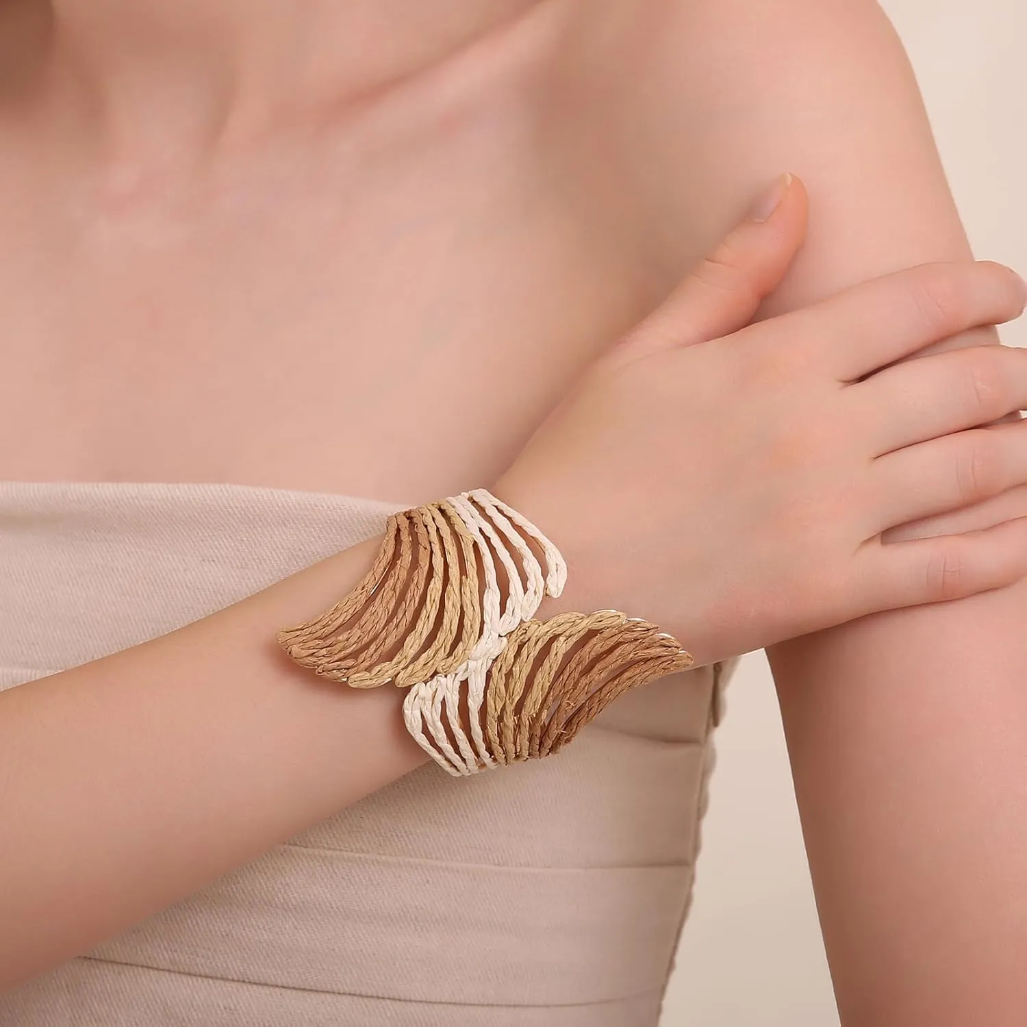 Raffia Wing Cuff Bracelet for Women, Colorful Angel Wing Bangle Wide Chunky Wrist Cuff Bracelet