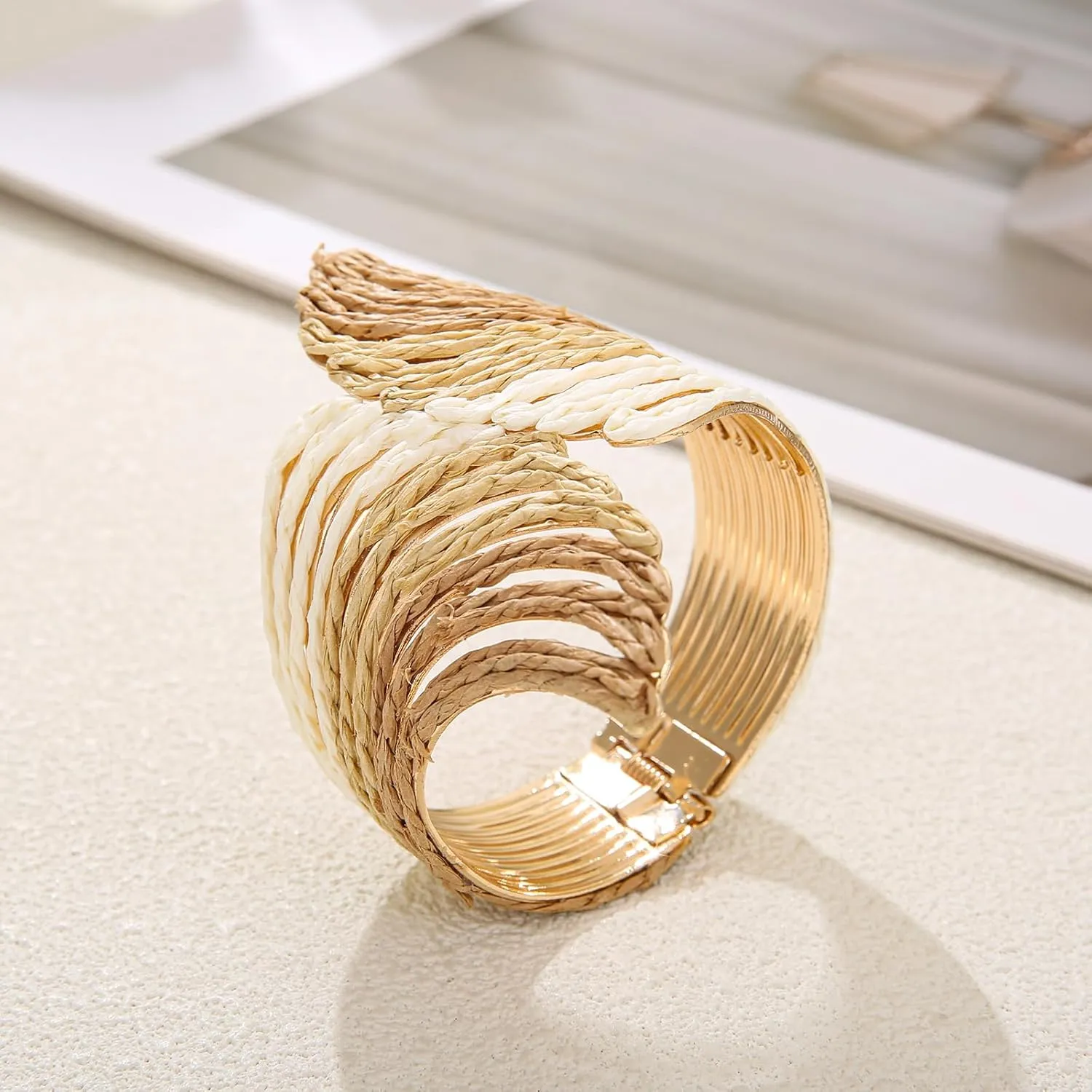 Raffia Wing Cuff Bracelet for Women, Colorful Angel Wing Bangle Wide Chunky Wrist Cuff Bracelet