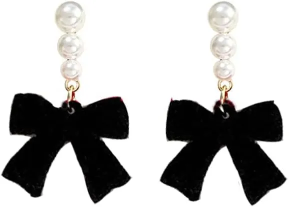 Red Black Velvet Earring Dainty Bowknot Bow Earrings with Pearls Wedding Earrings for Brides Birthday Christmas Gifts for Her