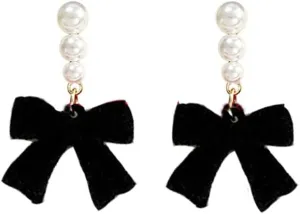 Red Black Velvet Earring Dainty Bowknot Bow Earrings with Pearls Wedding Earrings for Brides Birthday Christmas Gifts for Her