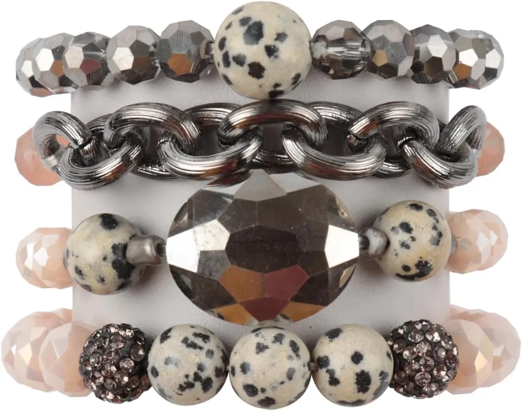 RIAH FASHION Bohemian Natural Stone Beaded Multi Layer Stacking Statement Bracelets - Sparkly Crystal Beads Chain Stretch Bangle Set