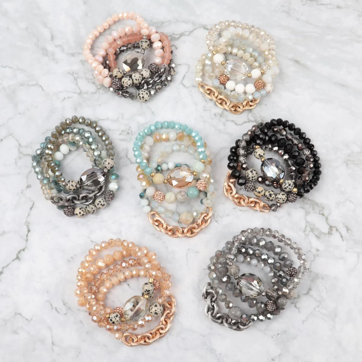 RIAH FASHION Bohemian Natural Stone Beaded Multi Layer Stacking Statement Bracelets - Sparkly Crystal Beads Chain Stretch Bangle Set