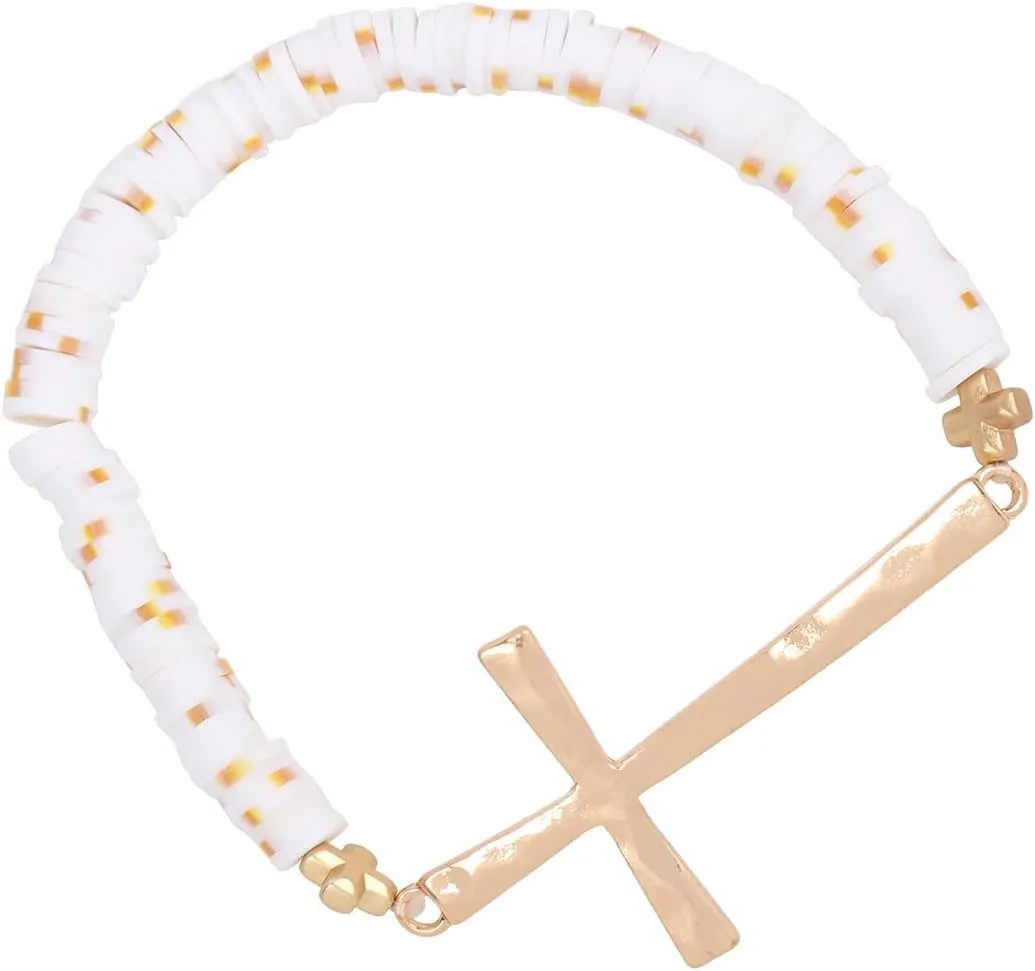 RIAH FASHION Cross Metallic Bar Beaded Stretch Bracelet - Religious Christian Strand Natural Stone, Semi-Precious Prayer Cuff Bangle