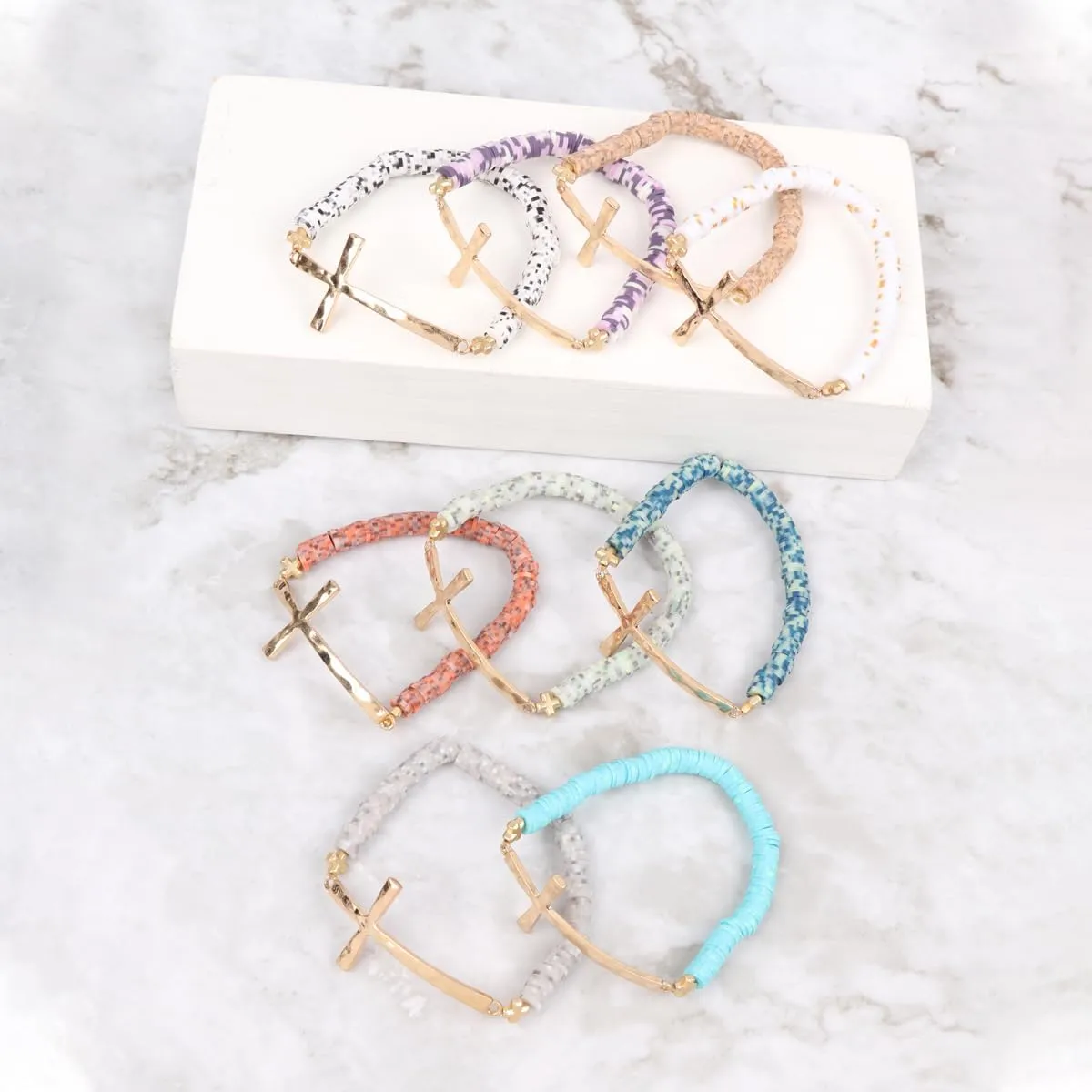 RIAH FASHION Cross Metallic Bar Beaded Stretch Bracelet - Religious Christian Strand Natural Stone, Semi-Precious Prayer Cuff Bangle