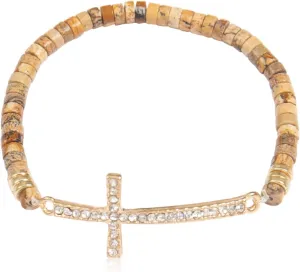 RIAH FASHION Cross Metallic Bar Beaded Stretch Bracelet - Religious Christian Strand Natural Stone, Semi-Precious Prayer Cuff Bangle