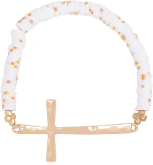 RIAH FASHION Cross Metallic Bar Beaded Stretch Bracelet - Religious Christian Strand Natural Stone, Semi-Precious Prayer Cuff Bangle