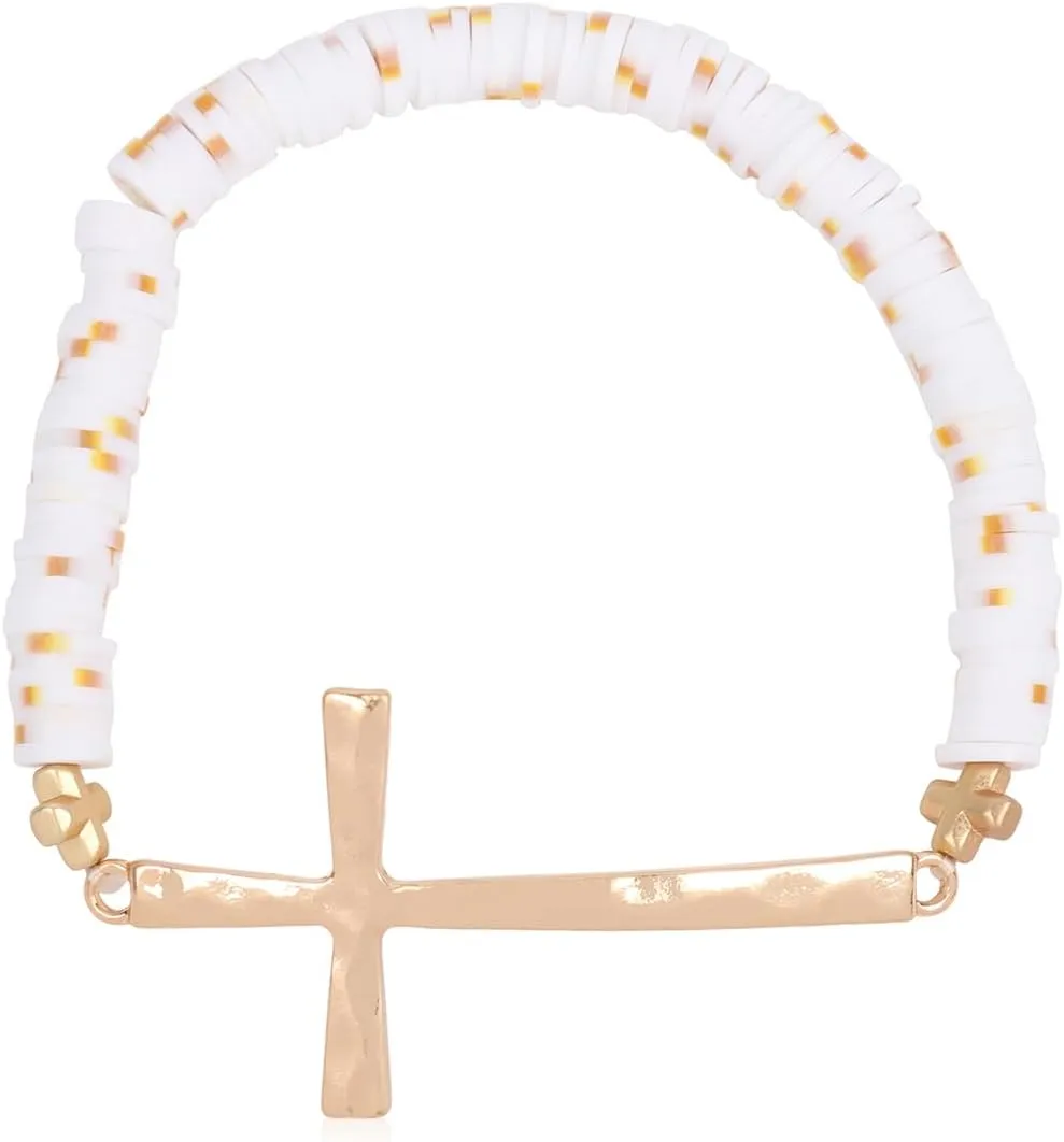 RIAH FASHION Cross Metallic Bar Beaded Stretch Bracelet - Religious Christian Strand Natural Stone, Semi-Precious Prayer Cuff Bangle