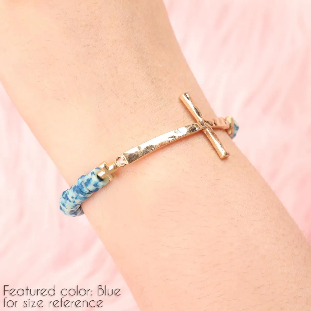 RIAH FASHION Cross Metallic Bar Beaded Stretch Bracelet - Religious Christian Strand Natural Stone, Semi-Precious Prayer Cuff Bangle