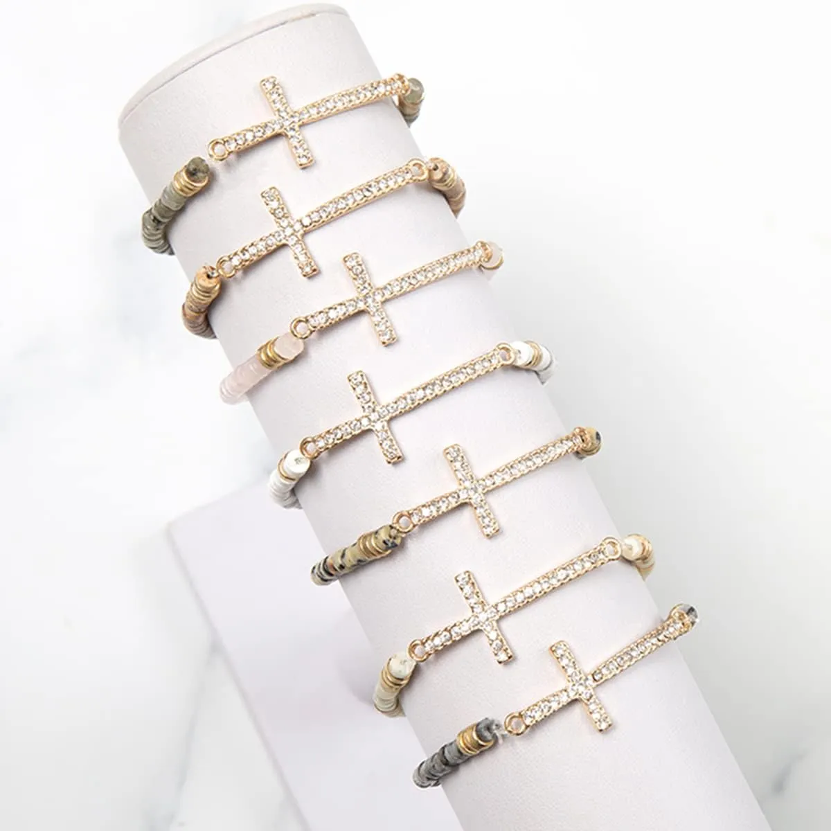 RIAH FASHION Cross Metallic Bar Beaded Stretch Bracelet - Religious Christian Strand Natural Stone, Semi-Precious Prayer Cuff Bangle