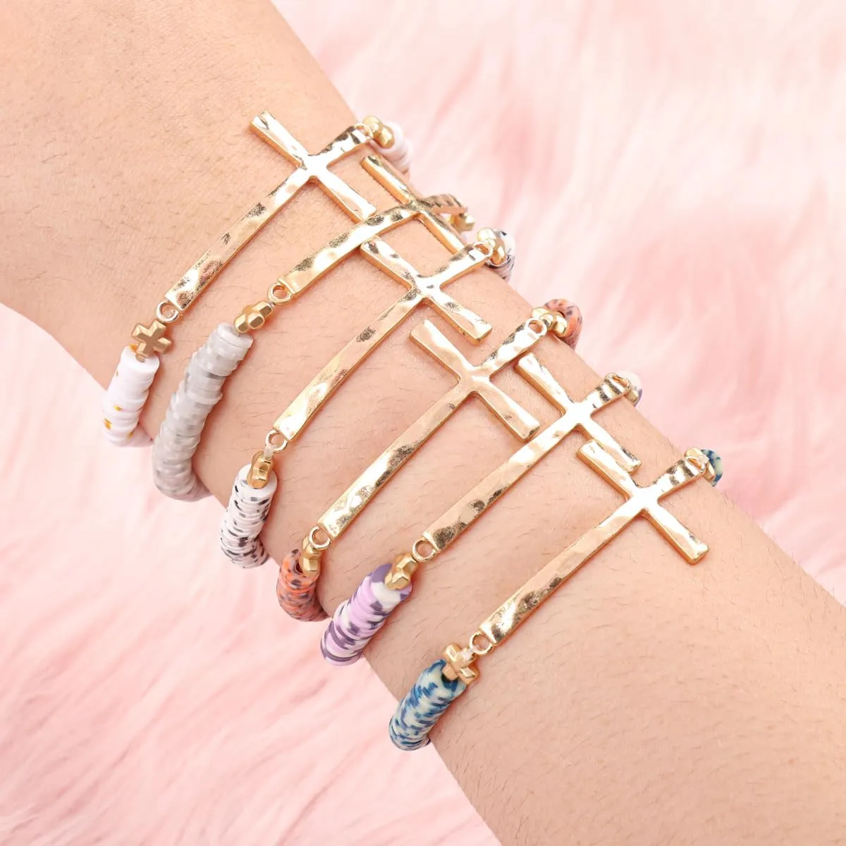 RIAH FASHION Cross Metallic Bar Beaded Stretch Bracelet - Religious Christian Strand Natural Stone, Semi-Precious Prayer Cuff Bangle