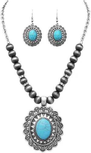 Rosemarie & Jubalee Womens Cowgirl Chic Western Style Statement Concho Howlite Stone Pendant Necklace Earrings Set, 18" 3" Extender
