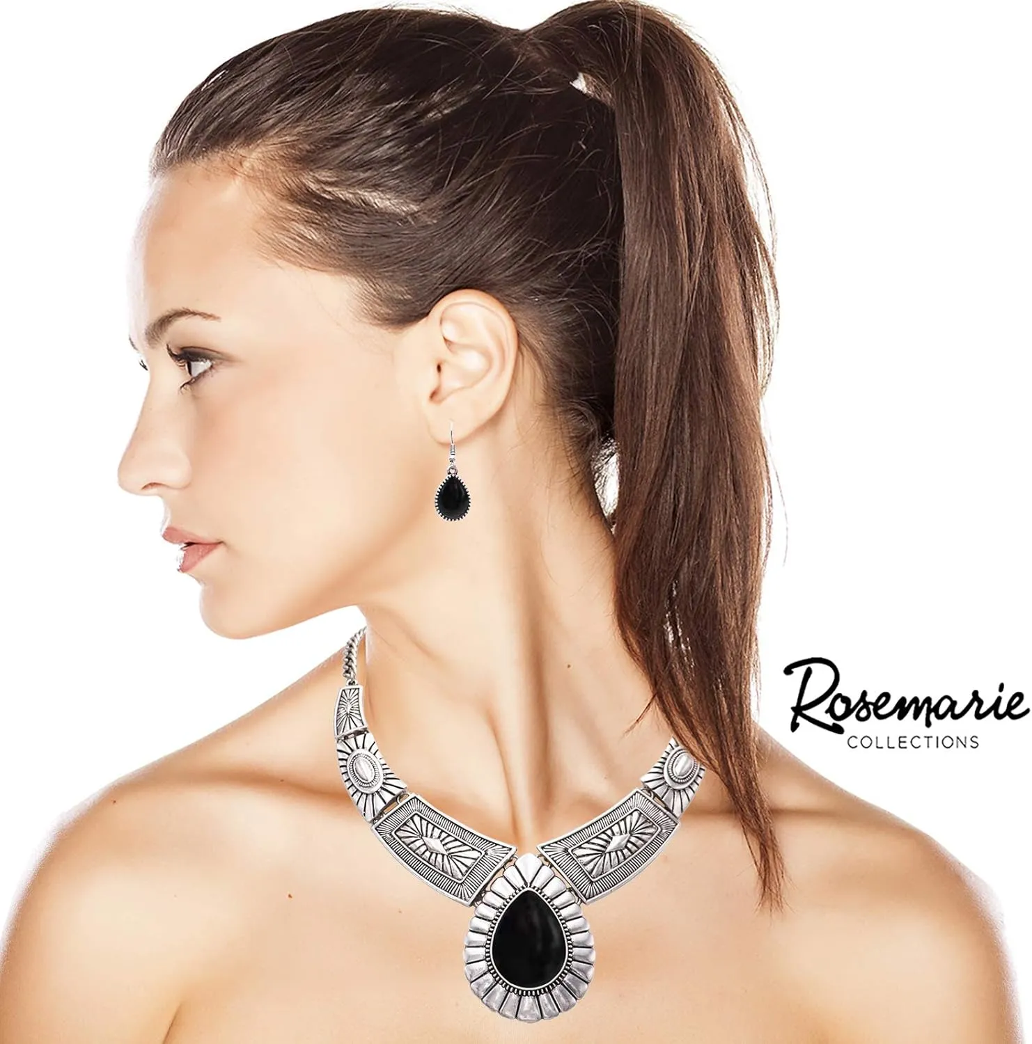 Rosemarie Collections Womens Chic Western Teardrop Howlite Stone Statement Necklace Earrings Set, 16" 3" Extender
