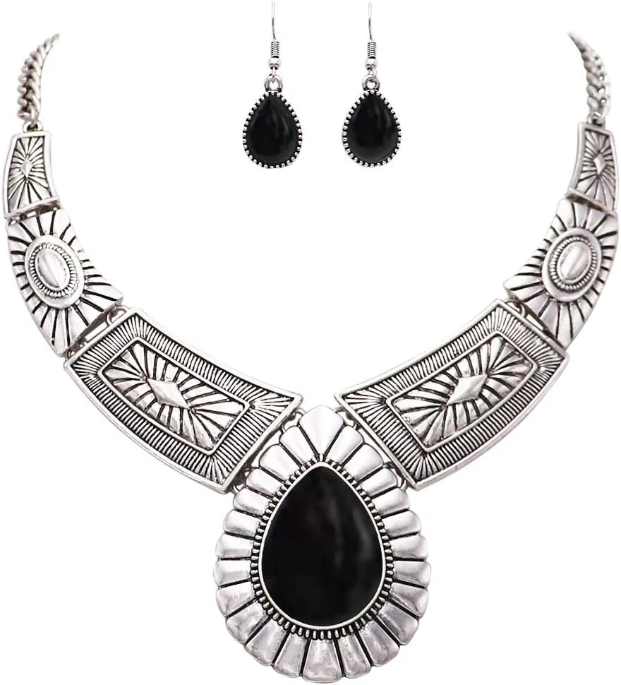 Rosemarie Collections Womens Chic Western Teardrop Howlite Stone Statement Necklace Earrings Set, 16" 3" Extender