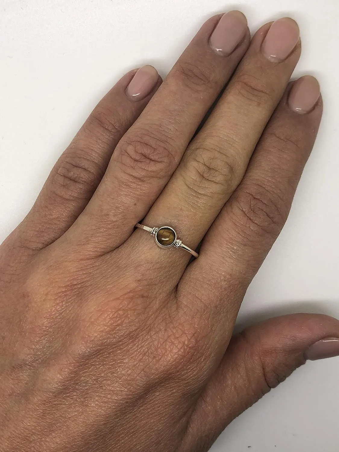 Round Tiger Eye Delicate Ring- 925 Sterling Silver - Ethnic Boho Chic Hand Made Jewelry Us Size 5-10