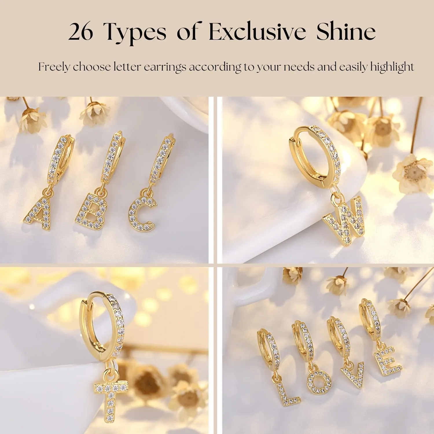 SANNYRA Initial Hoop Earrings for Women, 14K Gold Silver Rose Gold Plated CZ Letter Hypoallergenic Stud Earring Gifts