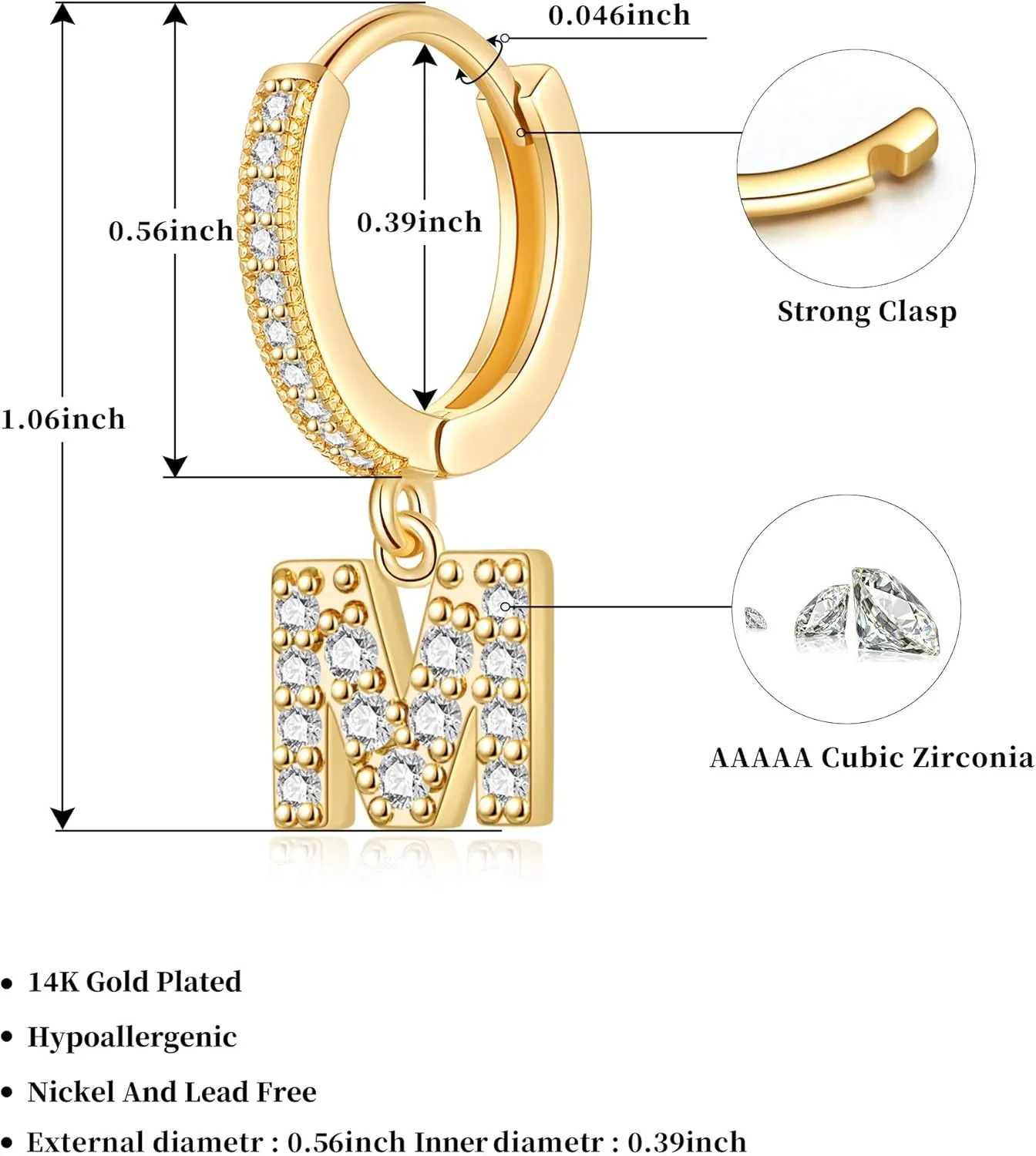 SANNYRA Initial Hoop Earrings for Women, 14K Gold Silver Rose Gold Plated CZ Letter Hypoallergenic Stud Earring Gifts
