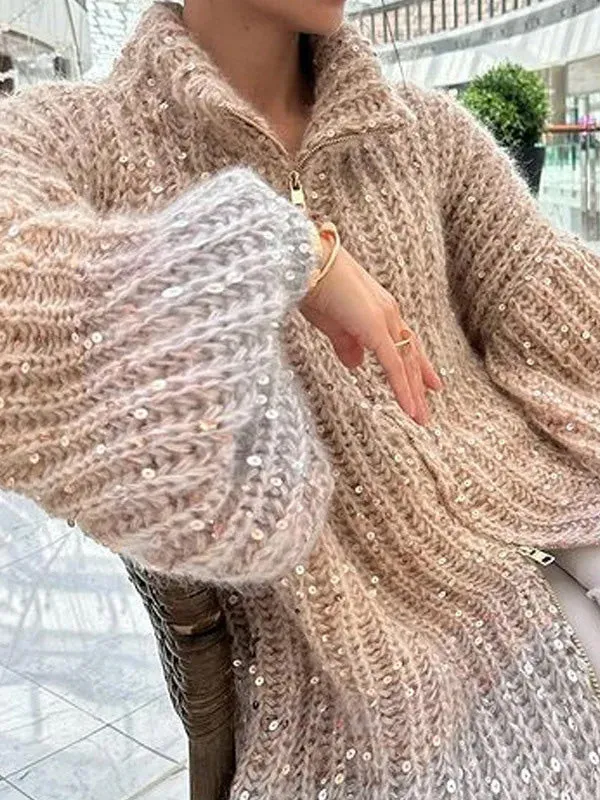 Sequin Zip Up Sweater Cardigan