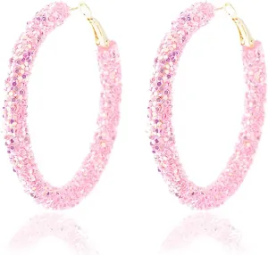 Sequins Hoop Earrings Bohemian Glitter Wrapped Gold Plated Dangle Drop Earring Circle Statement Earrings Boho Jewelry