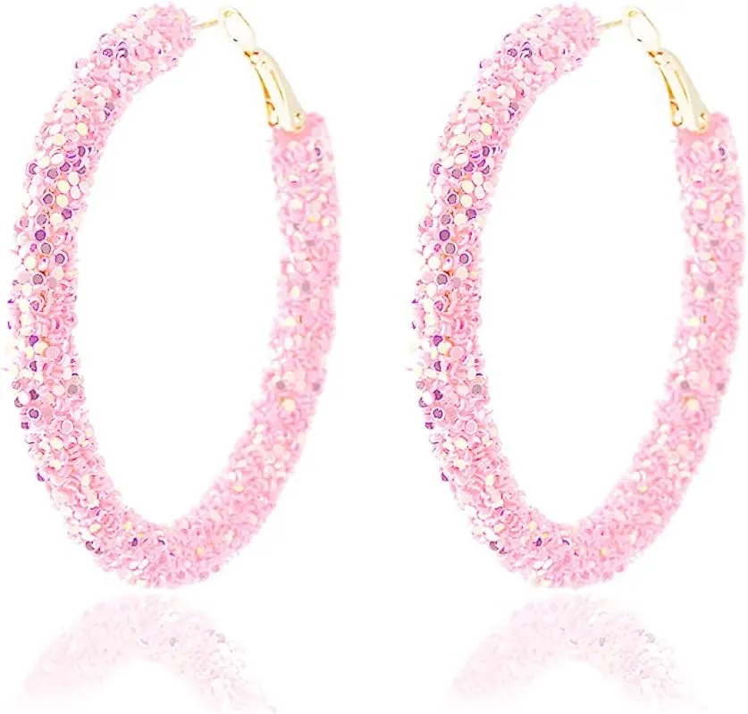 Sequins Hoop Earrings Bohemian Glitter Wrapped Gold Plated Dangle Drop Earring Circle Statement Earrings Boho Jewelry