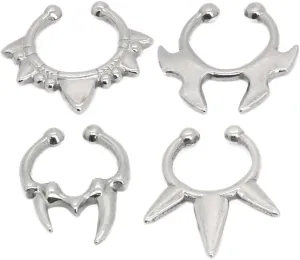 Silver-Tone Septum Clickers, Set of 4 with Spiked and Curved Designs Fake Septum Nose Ring Hoop, Non Pierced Nose Cuffs Faux Clicker Hanger, Nose Septum Ring Clip On Body Piercing Jewelry for Men Women