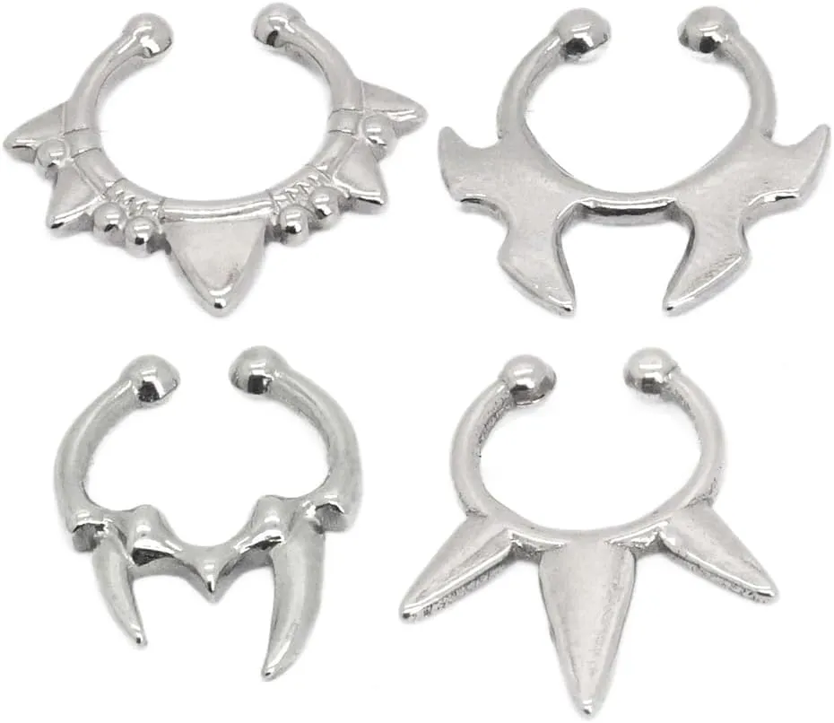 Silver-Tone Septum Clickers, Set of 4 with Spiked and Curved Designs Fake Septum Nose Ring Hoop, Non Pierced Nose Cuffs Faux Clicker Hanger, Nose Septum Ring Clip On Body Piercing Jewelry for Men Women