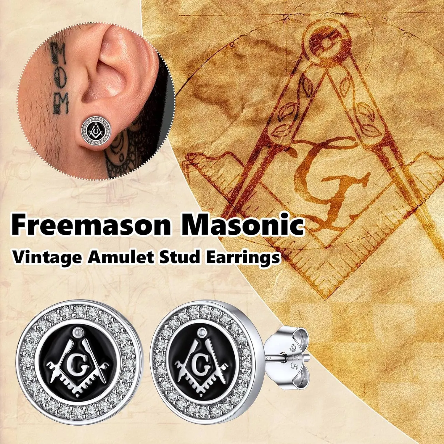 Silvora 925 Sterling Silver Zirconia Earrings Studs, Thors Hammer/Compass/Skull/Celtic Knot/Valkbut/Wolf Head Ear Studs Engraved with Rune Symbol Dainty Earrings for Men Women,Come with Box