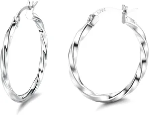 Sllaiss 925 Sterling Silver Twisted Hoop Earrings for Women White Gold Plated Small Hoop Earrings Lightweight Huggie Hinged Hoop Earring 12MM-60MM