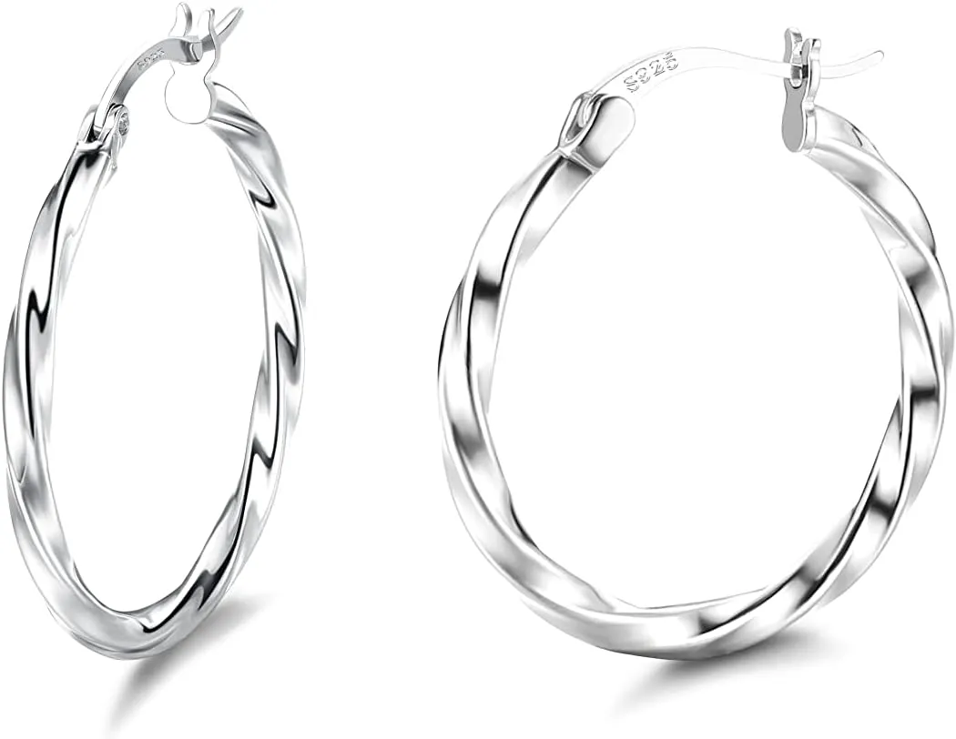 Sllaiss 925 Sterling Silver Twisted Hoop Earrings for Women White Gold Plated Small Hoop Earrings Lightweight Huggie Hinged Hoop Earring 12MM-60MM