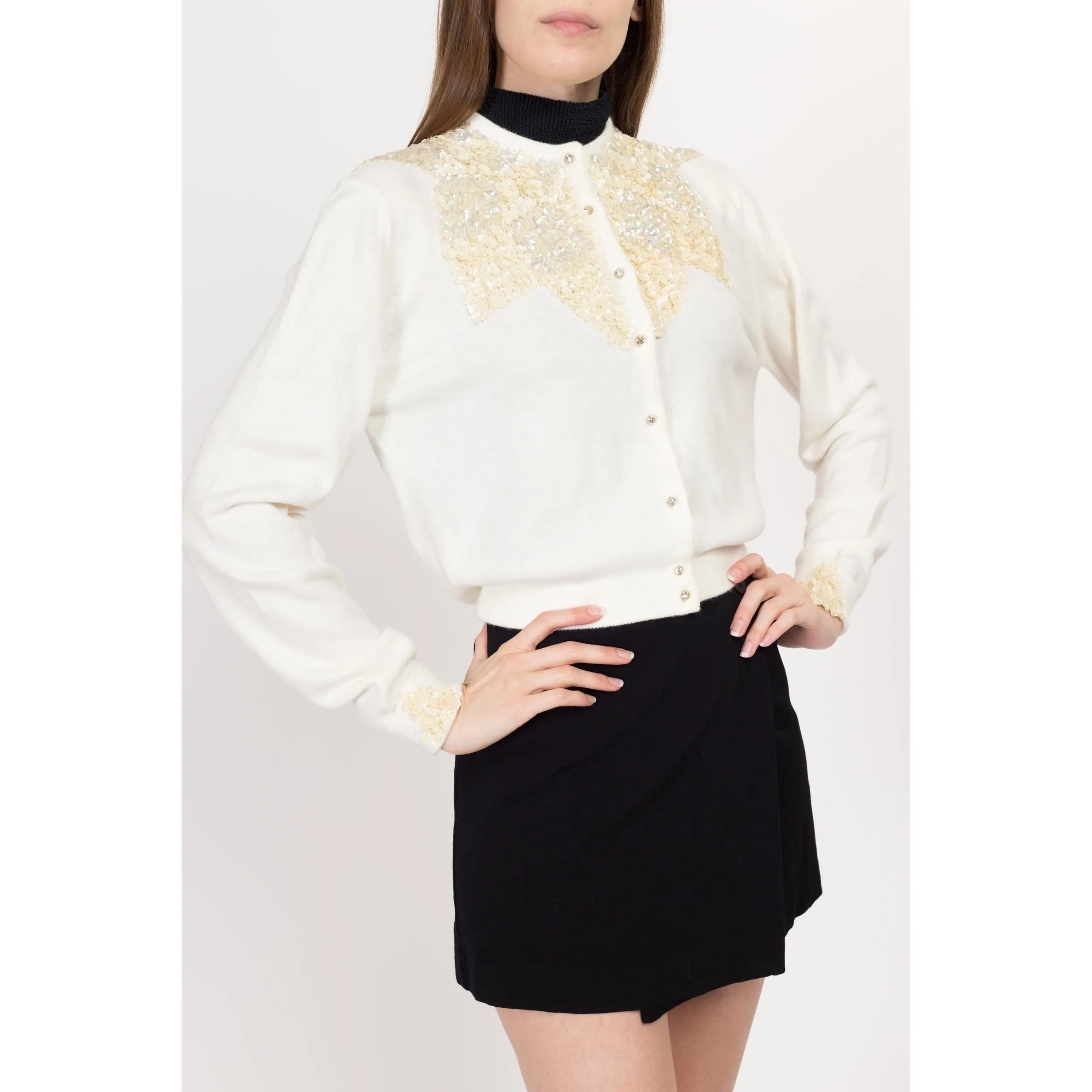Small 50s-60s White Sequin Cardigan