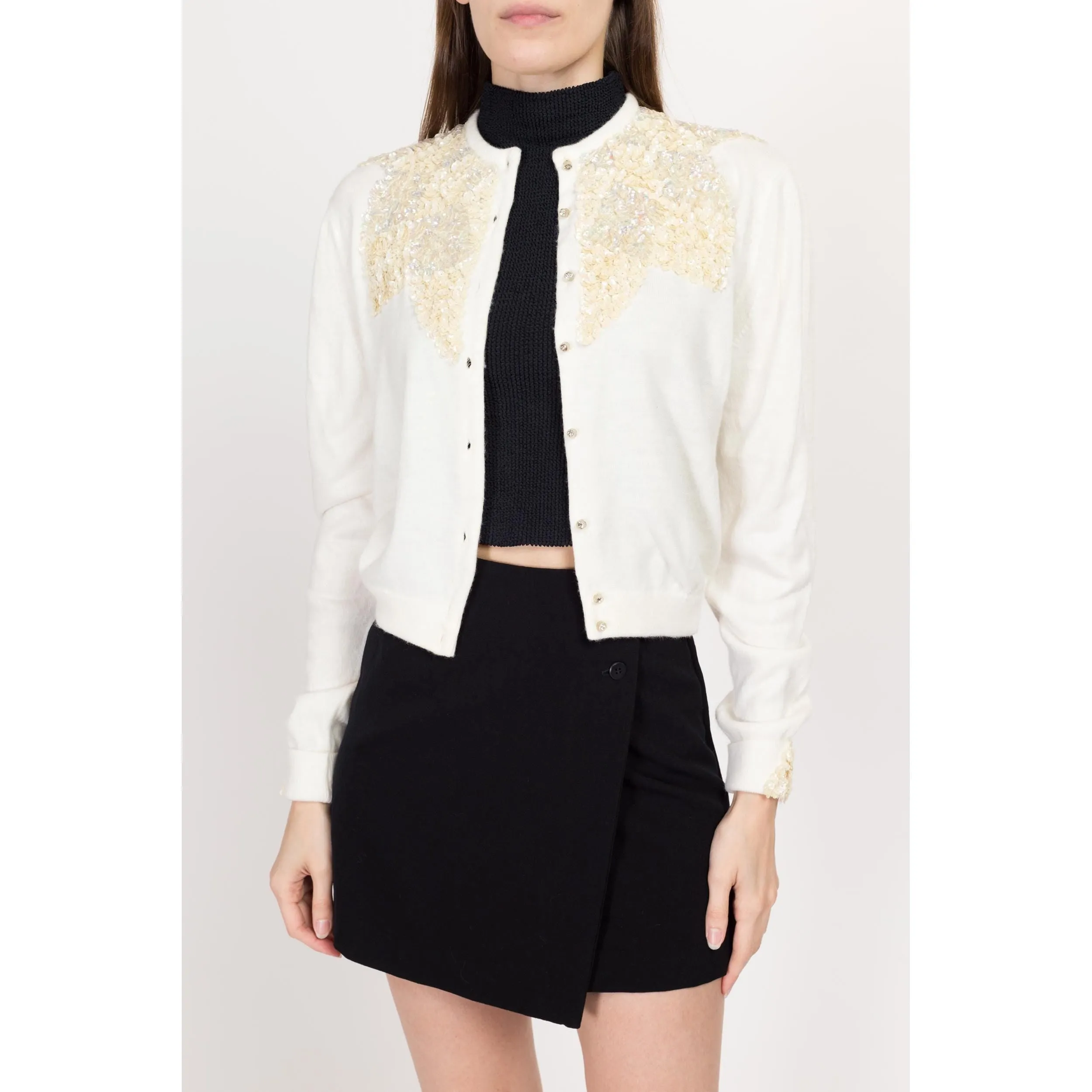 Small 50s-60s White Sequin Cardigan