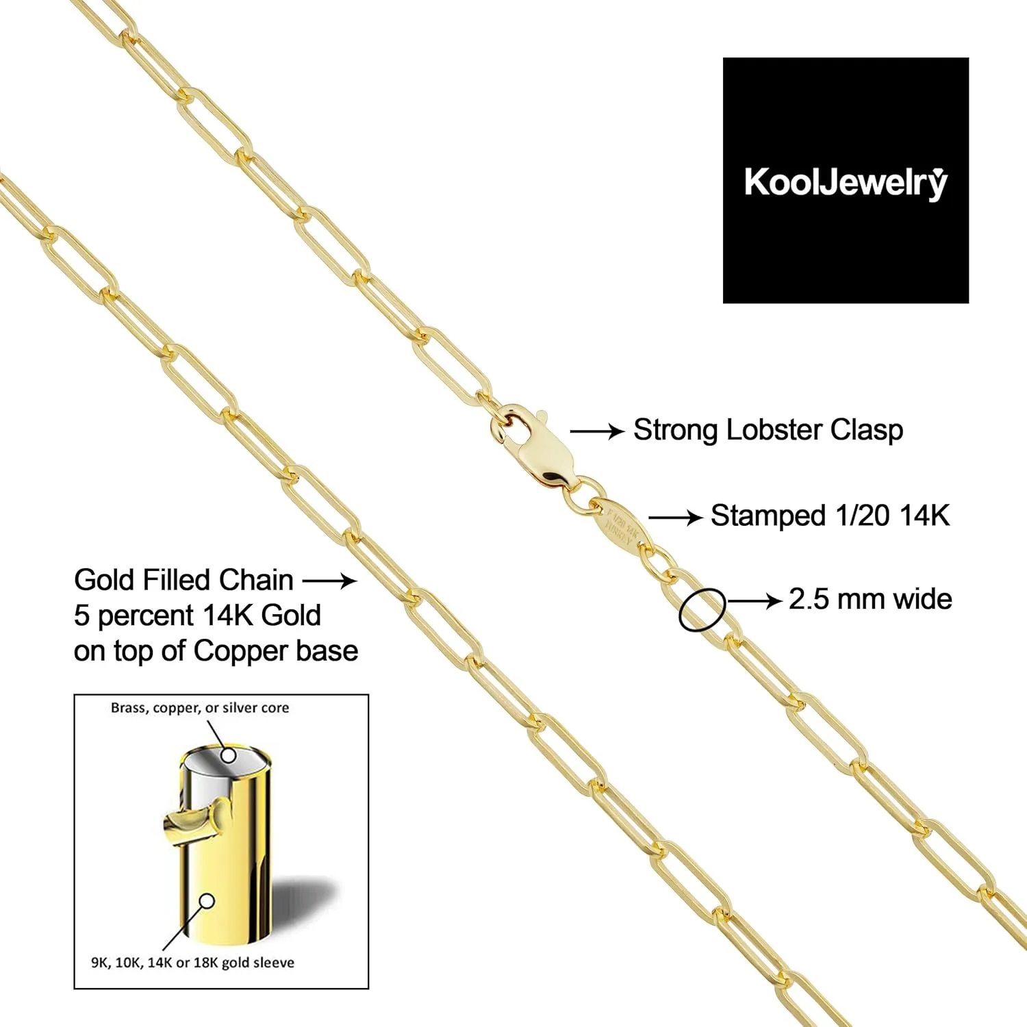 Solid 14k Yellow Gold Filled 2.5 mm Paperclip Chain Necklace Minimalist Jewelry for Women (16, 18, 20, 24 30 or 36 inch)