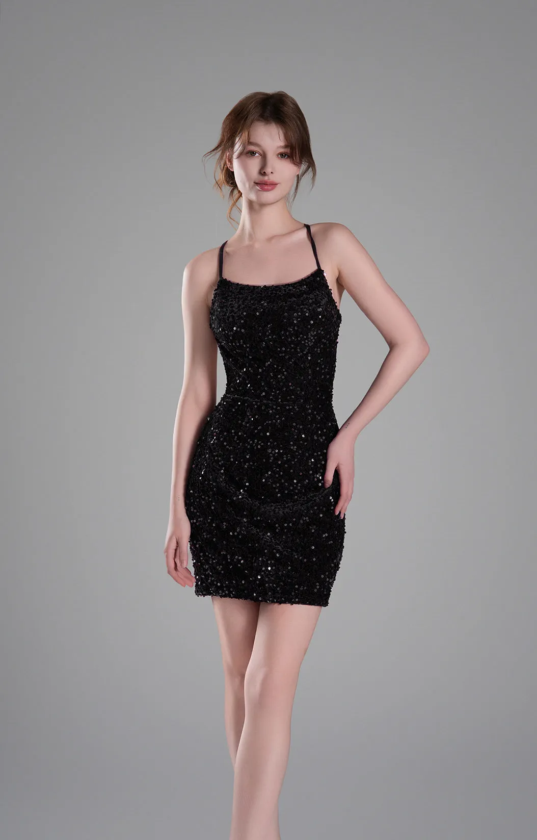 Spaghetti Straps Sequin Wrap Hip Lace-up Mini Dress