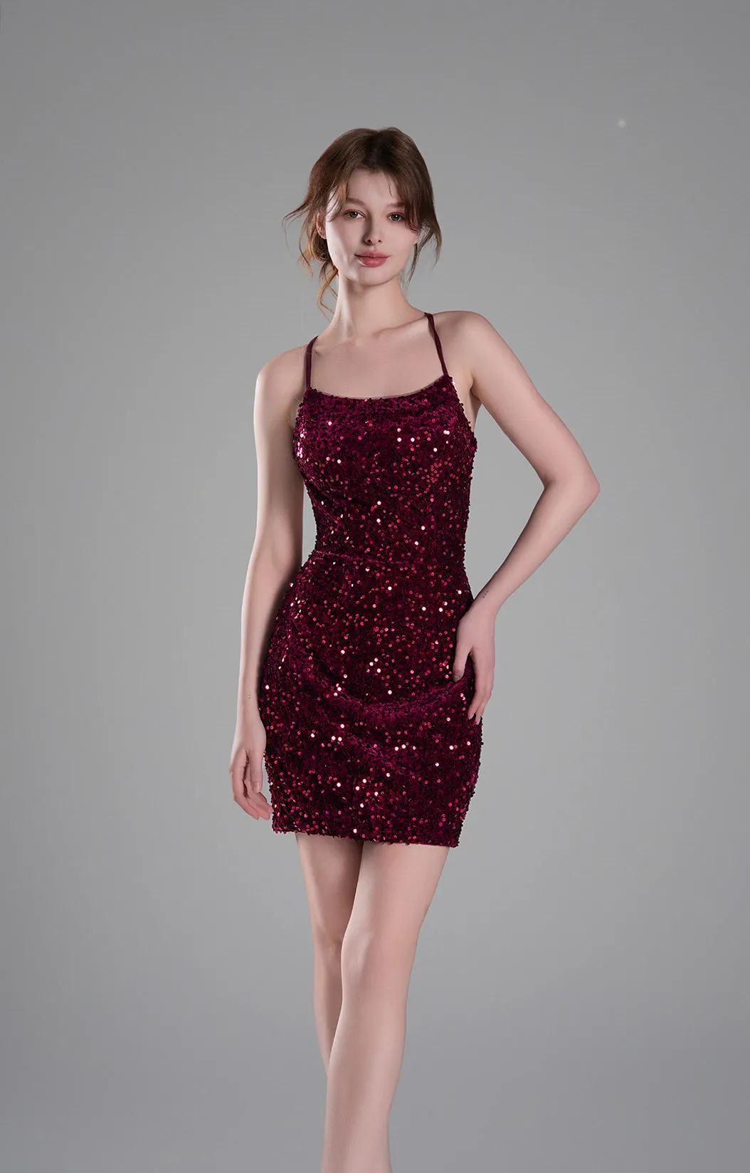 Spaghetti Straps Sequin Wrap Hip Lace-up Mini Dress