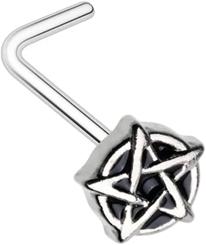 Steel Black Gothic Pentagram L-Shape Nose Ring