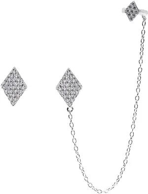 Sterling Silver CZ Diamond-Shape Single Stud and Ear Cuff Earrings