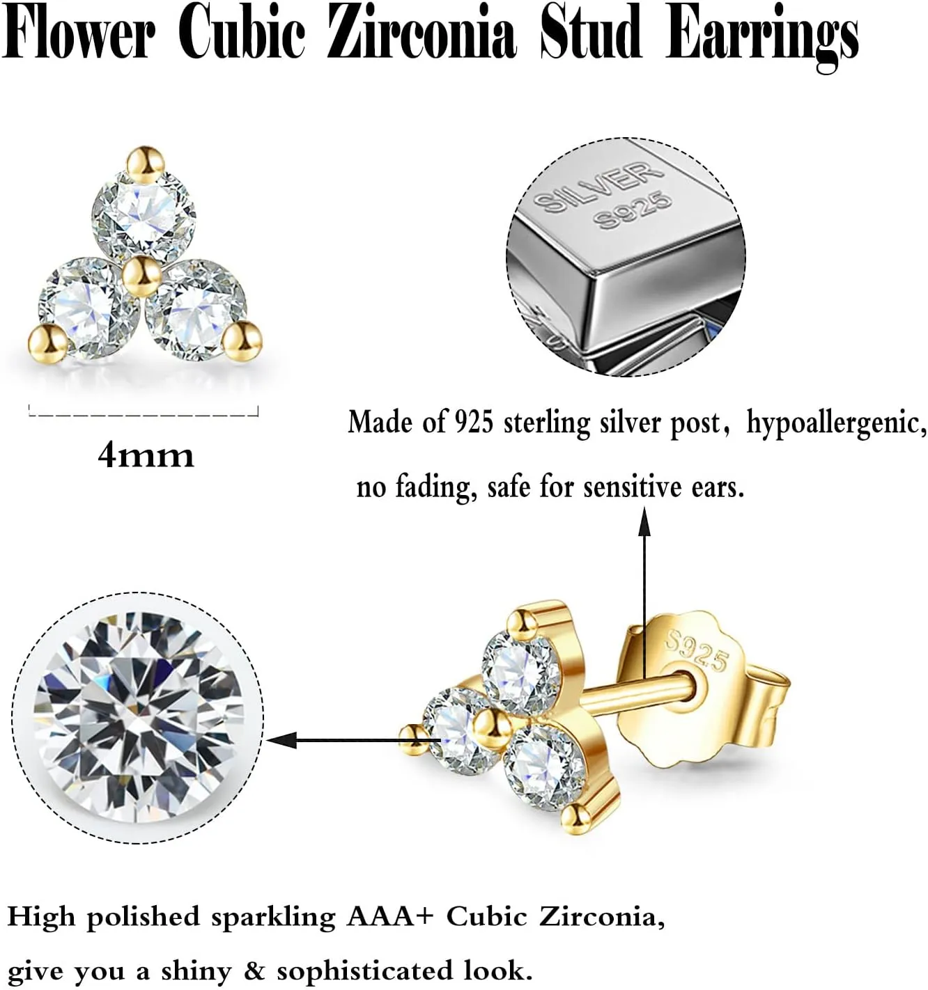 Sterling Silver Stud Earrings for Women Men, Flower Cubic Zirconia Stud Earrings Set | Small Cartilage CZ Hypoallergenic Tragus Piercing Earrings for Teens 3mm 4mm 5mm