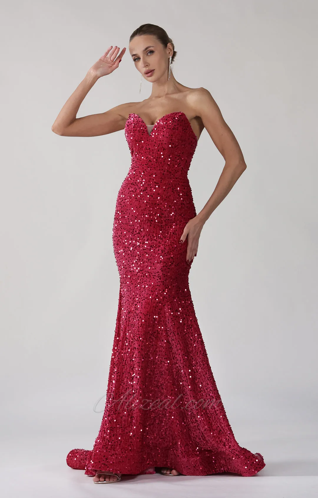 Strapless V-Neck Sequins Sweep Train Mermaid Maxi Dress