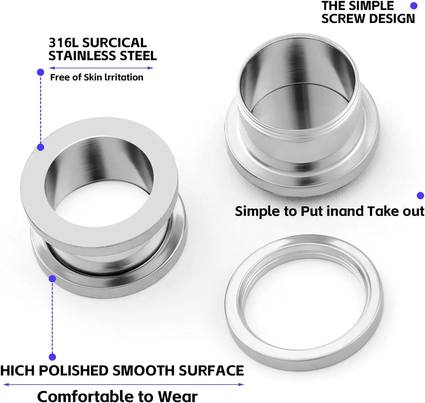 Surgical Steel Ear Stretching Lobe Plugs, Flesh Tunnel Earrings, Pair