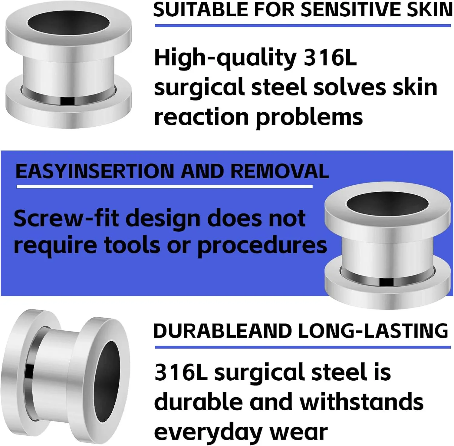 Surgical Steel Ear Stretching Lobe Plugs, Flesh Tunnel Earrings, Pair