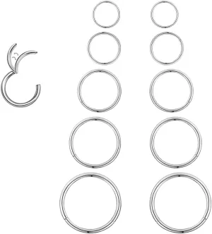 Surgical Steel Septum Rings Hinged Clicker earring hoops Segment Silver/Gold 5Pair/10PCS 16G/18G Nose Ring Lip Ring Hoop Earrings Sleeper Cartilage Daith Piercing Jewelry 6mm 8mm 10mm 12mm 14mm set for Women/Men