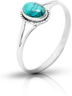 Synthetic Turquoise Vintage Delicate Ring- 925 Sterling Silver - Ethnic Boho Chic Hand Made Jewelry Us Size 5-10