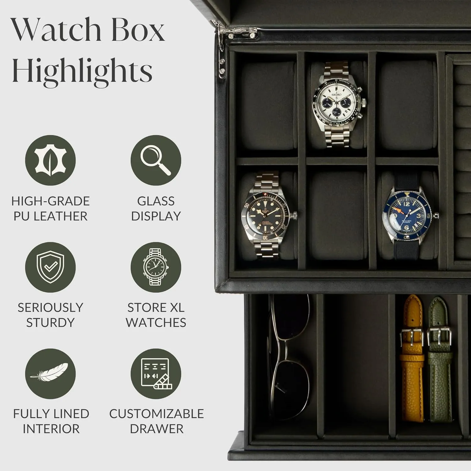TAWBURY 6 Watch Jewelry Box for Men in a Sleek, Black PU Leather - Premium Storage for Watches, Cufflinks, Rings, Sunglasses & More | Featuring a Removable Cufflink Holder & Customizable Drawer Layout