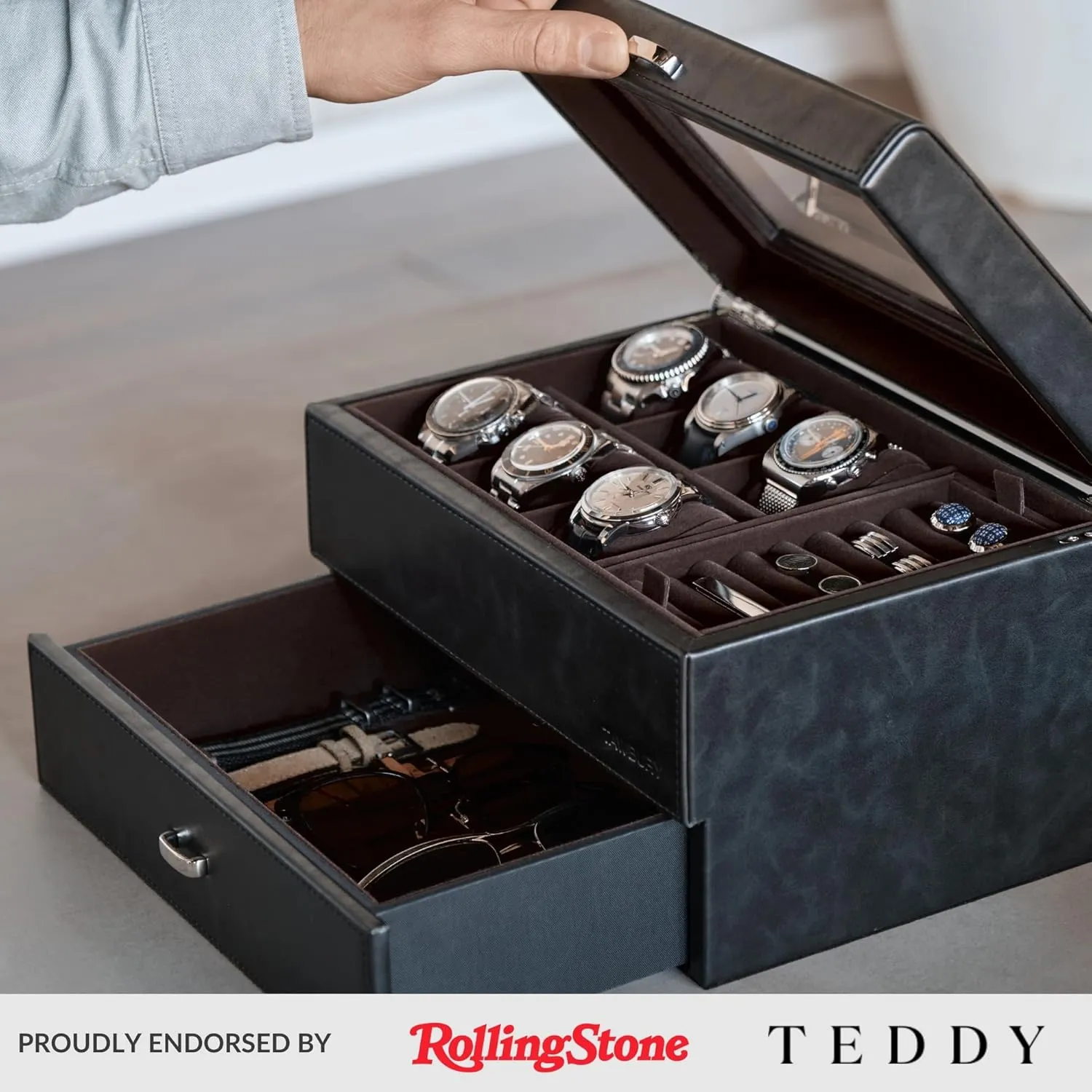 TAWBURY 6 Watch Jewelry Box for Men in a Sleek, Black PU Leather - Premium Storage for Watches, Cufflinks, Rings, Sunglasses & More | Featuring a Removable Cufflink Holder & Customizable Drawer Layout
