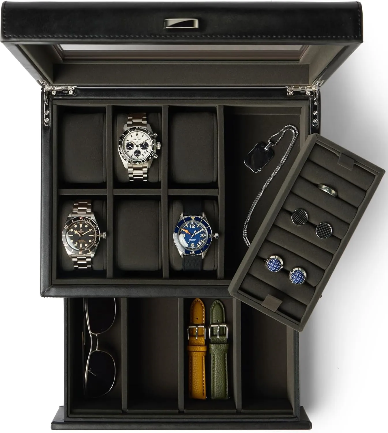 TAWBURY 6 Watch Jewelry Box for Men in a Sleek, Black PU Leather - Premium Storage for Watches, Cufflinks, Rings, Sunglasses & More | Featuring a Removable Cufflink Holder & Customizable Drawer Layout