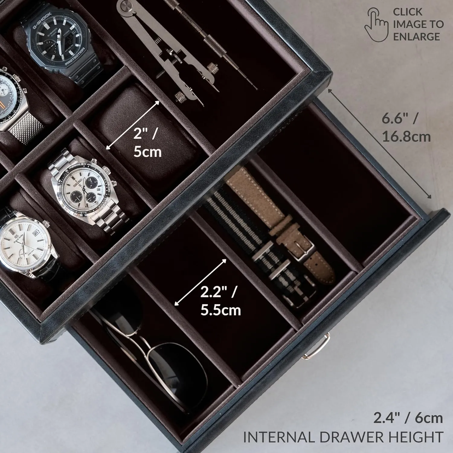 TAWBURY 6 Watch Jewelry Box for Men in a Sleek, Black PU Leather - Premium Storage for Watches, Cufflinks, Rings, Sunglasses & More | Featuring a Removable Cufflink Holder & Customizable Drawer Layout