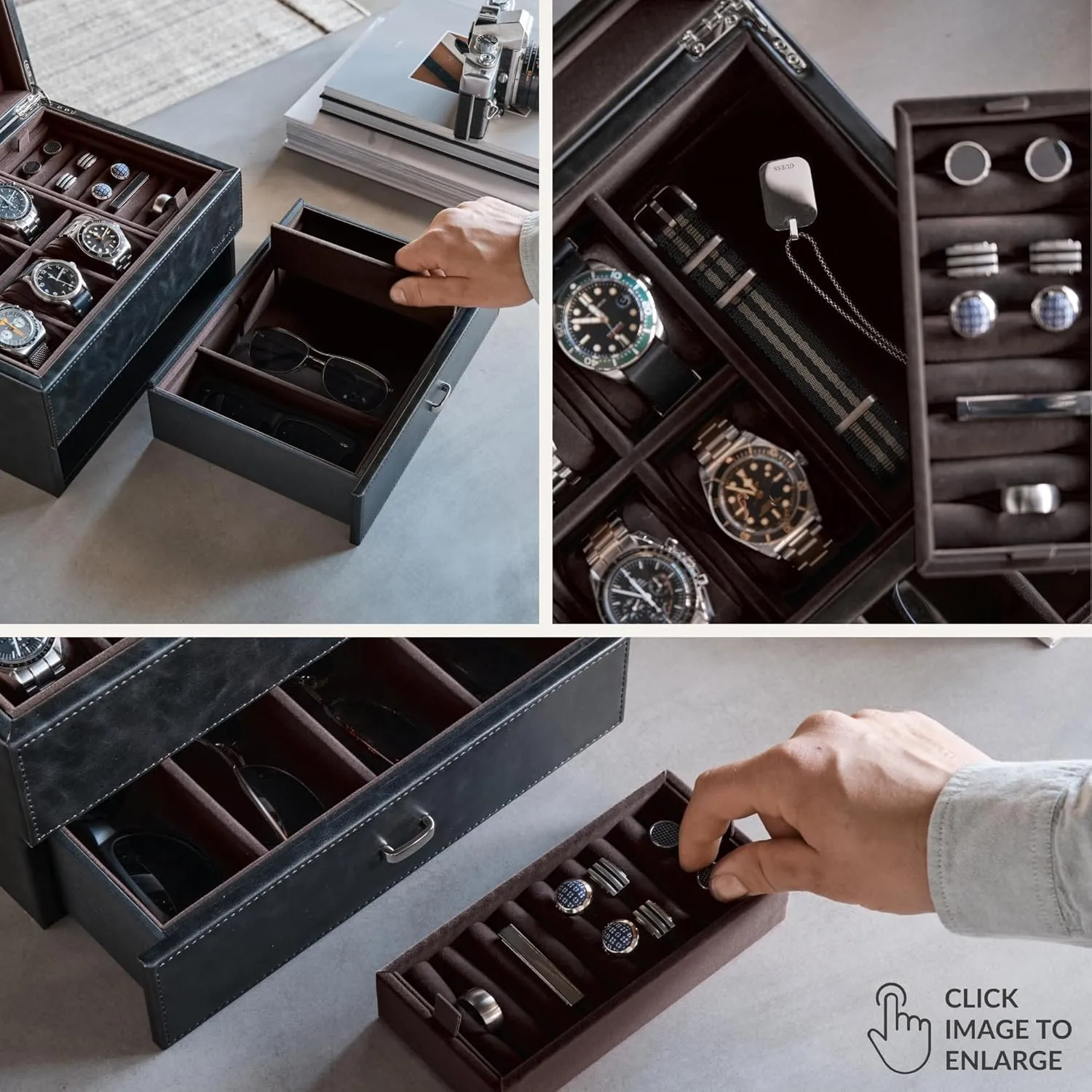 TAWBURY 6 Watch Jewelry Box for Men in a Sleek, Black PU Leather - Premium Storage for Watches, Cufflinks, Rings, Sunglasses & More | Featuring a Removable Cufflink Holder & Customizable Drawer Layout