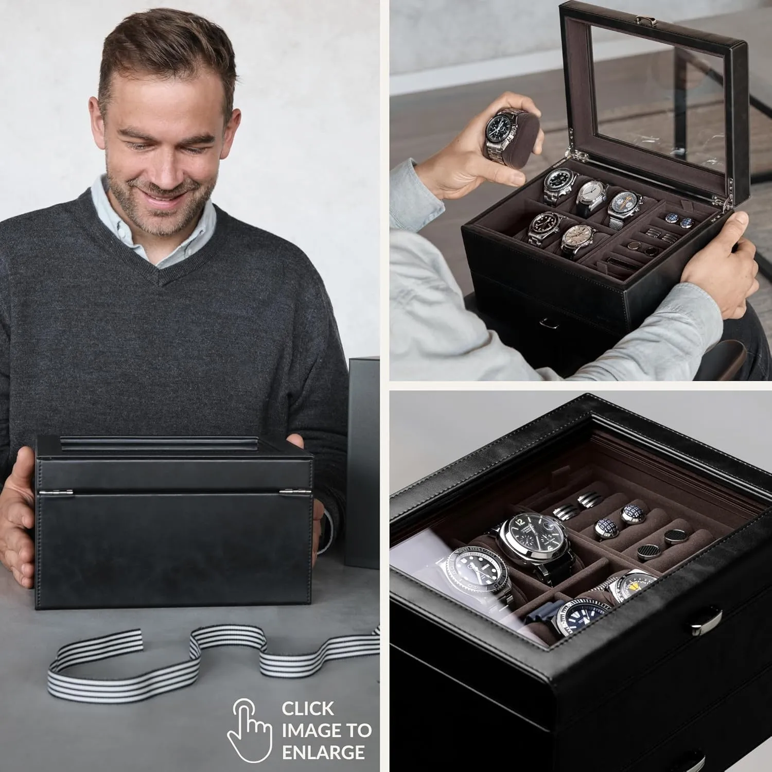 TAWBURY 6 Watch Jewelry Box for Men in a Sleek, Black PU Leather - Premium Storage for Watches, Cufflinks, Rings, Sunglasses & More | Featuring a Removable Cufflink Holder & Customizable Drawer Layout