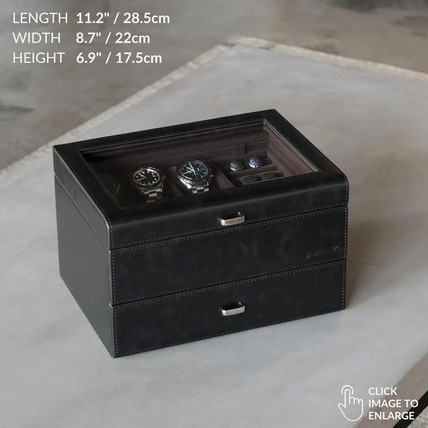 TAWBURY 6 Watch Jewelry Box for Men in a Sleek, Black PU Leather - Premium Storage for Watches, Cufflinks, Rings, Sunglasses & More | Featuring a Removable Cufflink Holder & Customizable Drawer Layout